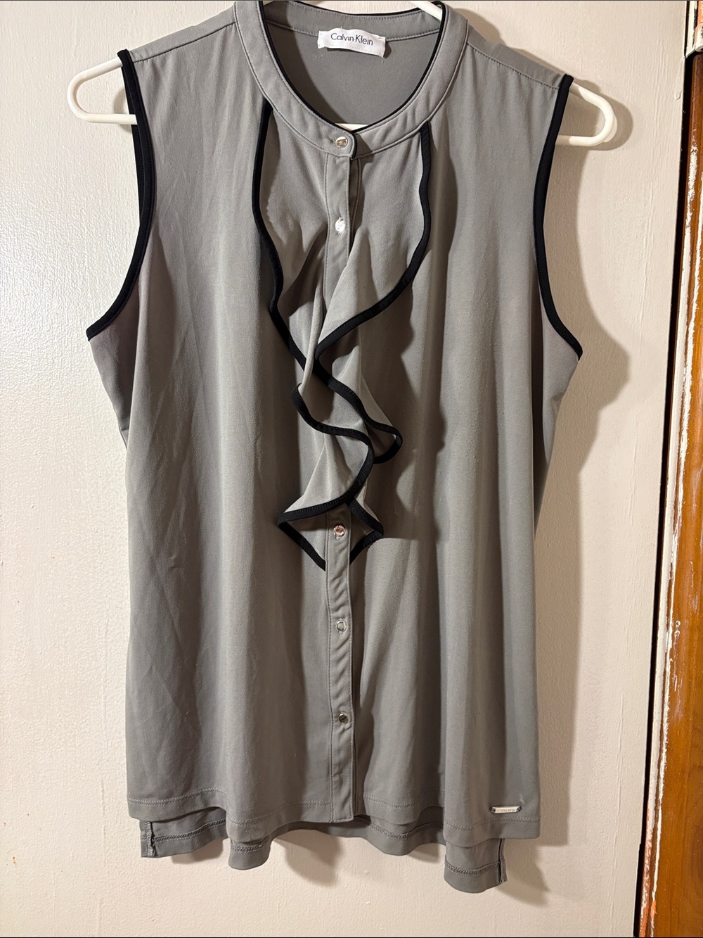 Calvin Klein Sleeveless Ruffle-Front Blouse — Gray with Black Trim